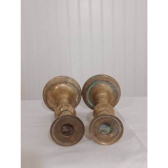 Brass heavy ornate floral  candlesticks - Picture 2 of 5